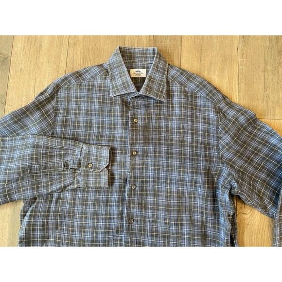 CASTANGIA 1850 Mens 17.5/44 XL Linen Long Sleeve Plaid Button Up Shirt Italian - Picture 2 of 10